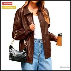 Faux Leather Bomber Jacket Oversized Retro Motorcycle Style Button Down